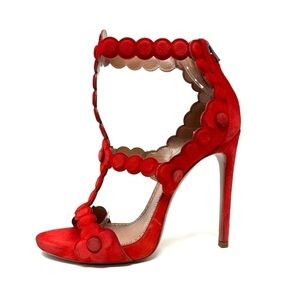 Alaïa La Bombe T‑Strap Suede Heels – Red Ankle Cuff, Studded, Size 37 (US 7)